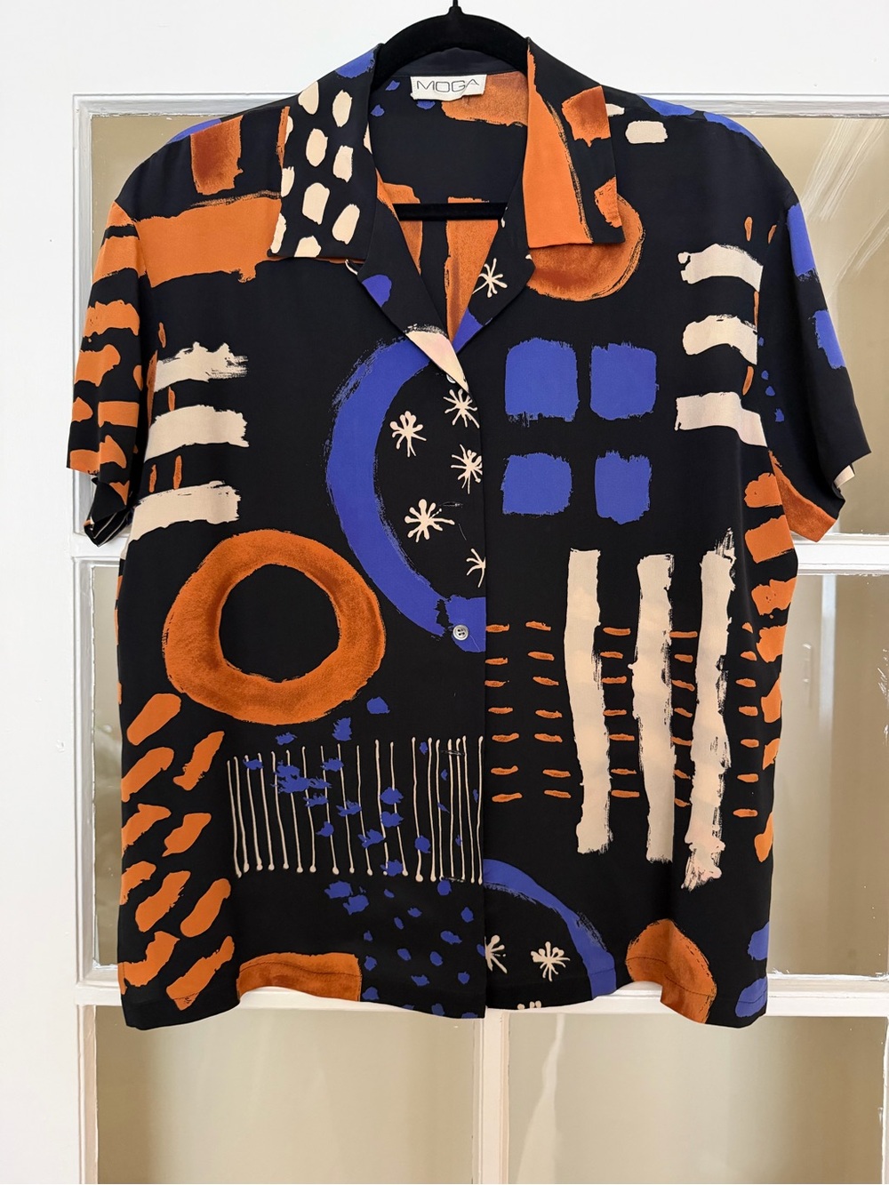 Japanese Vintage Short Sleeve Abstract Print Shirt - Black with Orange & Blue